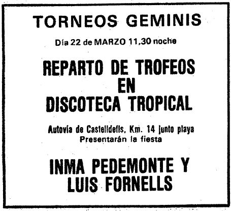 Anuncio del reparto de los trofeos de los torneos Geminis en la Discoteca Tropical de Gav Mar publicado en el diario EL MUNDO DEPORTIVO (29 de Febrero de 1984)